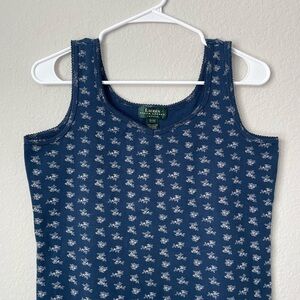 Lauren Ralph Lauren Navy Floral Ribbed Tank Top Petite Size M 100% Cotton